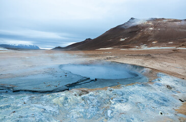 geothermal field with blue pods in Iceland