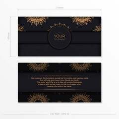 Rectangular Postcard Template Black with luxurious ornaments. Print-ready invitation design with vintage patterns.