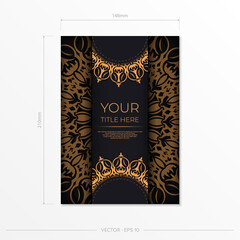 Rectangular Postcard Template Black with luxurious patterns. Print-ready invitation design with vintage ornaments.