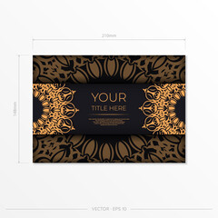 Rectangular Postcard Template Black with luxurious patterns. Print-ready invitation design with vintage ornaments.