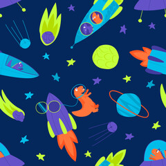 Naklejka na ściany i meble Seamless pattern of neon bright dinosaurs traveling into space on a rocket. Dino travels in a rocket through the galaxy. Children's packaging with a space dinosaur. Flat image illustrations. 