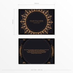 Rectangular Vector Template Postcard Black Color with Luxurious Ornaments. Print-ready invitation design with vintage ornaments.