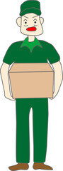 緑色の制服を着た元気な配達員