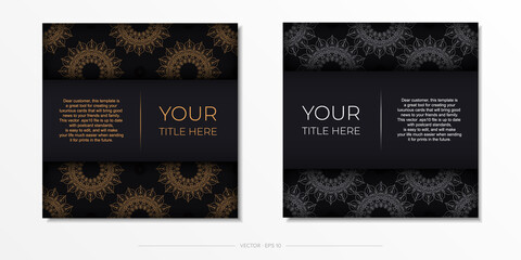 Square postcards in Black with luxurious ornaments. Vector design of invitation card with vintage patterns.