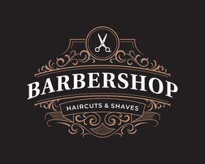 Barbershop ornate vintage victorian typographic logo with decorative floral ornament