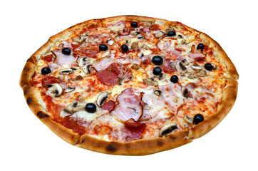 Appetizing pizza with shred, mushrooms, salami, cheese, olives - 448386327