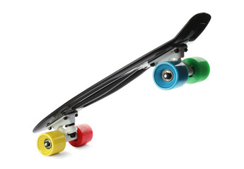 Black skateboard with colorful wheels isolated on white. Sport equipment