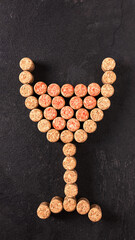 Creative wine glass with red wine made of corks on black background top view. Wine concept.
