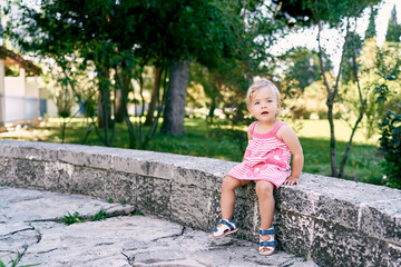 Little girl sits on a stone fence in the park against the background of plants