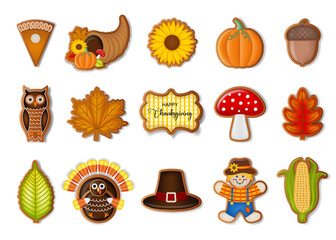 Set of isolated thanksgiving gingerbread cookies