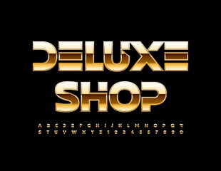 Vector elite banner Deluxe Shop with Gold Alphabet Letters and Numbers set. Premium glossy Fon