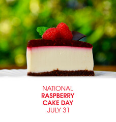 National Raspberry Cake Day stock images. Slice of delicious creamy raspberry cake with jelly topping, raspberries and mint leaf stock photo. Raspberry Cake Day Poster, July 31. Important day
