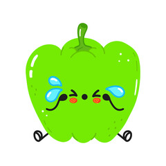 Cute sad and crying green pepper character. Vector hand drawn cartoon kawaii character illustration icon. Isolated on white background. Pepper character concept