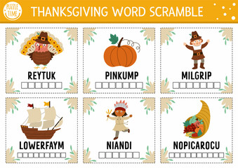 Vector Thanksgiving word scramble activity cards. English language game with cute turkey, pumpkin, pilgrim for kids. Autumn Fall holiday family quiz. Simple educational printable worksheet..