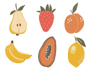 Abstract tropical fruit set, boho tropical elements isolated vector illustration, summer banana, strawberry, pear, papaya and peach fruits art