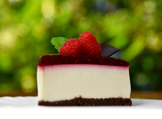 Delicious creamy raspberry cake on a bright green background stock images. Slice of cheesecake with jelly topping and raspberries stock photo. Summer raspberry dessert images
