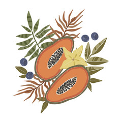 Abstract tropical card vector, botanical leaves and papaya fruit art, boho fruits banner, summer paper