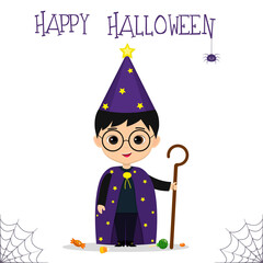 Halloween party. Cute boy dressed in a suit of the astrologer mage with a staff, candies and sweets, a spider and a cobweb. Postcard, vector illustration.