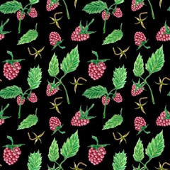 Watercolor seamless pattern with raspberry and leaves for wrapping paper 