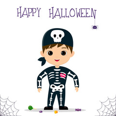 Halloween party. Cute boy dressed as a skeleton, candy and lollipops, spider and cobweb. Postcard, vector illustration.