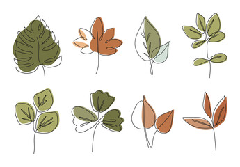 Fototapeta premium One line botanical plant set vector, abstract tropical leaves art one line style, summer leaf elements, floral vector illustration