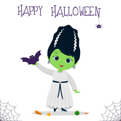 Halloween party. A cute girl dressed as a monster friend of Frankenstein is holding a bat, candy, a spider and a web. Postcard, vector illustration.