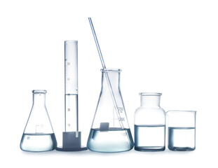 Laboratory glassware with liquid isolated on white