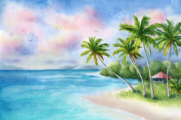 Fototapeta na wymiar Watercolor illustration of tropical sunset landscape