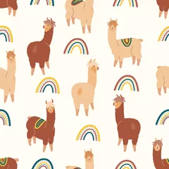 Fotobehang Seamless pattern with lamas and rainbows. Vector color illustration  in flat style. © Nataliia