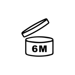 Period after opening PAO symbol. Useful lifetime of cosmetics after package is opened sign. Black drawing icon of pot with number of months representing best before date.
