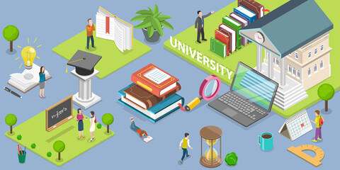 3D Isometric Flat Vector Conceptual Illustration of University Campus, College Building and its Grounds