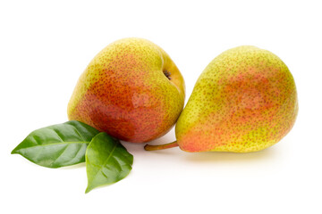 Fresh bio pear with leaves on isolated white background.