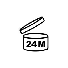 Period after opening PAO symbol. Useful lifetime of cosmetics after package is opened sign. Black drawing icon of pot with number of months representing best before date.