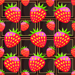 Red berries of ripe strawberries scattered randomly over the background of the squares of a dark chocolate bar. Bright juicy motley repeating background in a simple cartoon style.