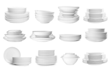 Obraz premium Set with different clean dishware on white background
