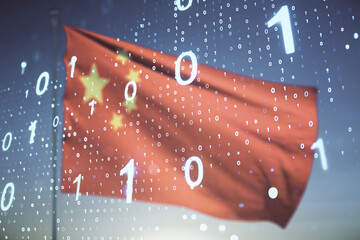 Abstract virtual binary code hologram on Chinese flag and sunset sky background, AI and machine learning concept. Multiexposure