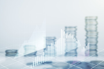 Multi exposure of virtual abstract financial graph interface on coins background, financial and trading concept