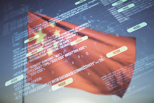 Multi exposure of abstract software development hologram on Chinese flag and blue sky background, research and analytics concept