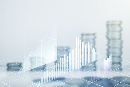 Multi exposure of virtual abstract financial graph interface on coins background, financial and trading concept