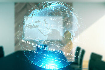 Abstract virtual coding illustration and world map on a modern coworking room background, international software development concept. Multiexposure