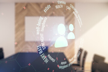 Double exposure of abstract virtual people icons hologram on a modern meeting room background. Online insurance service concept