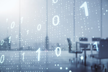 Double exposure of abstract virtual binary code hologram on a modern meeting room background. Database and programming concept