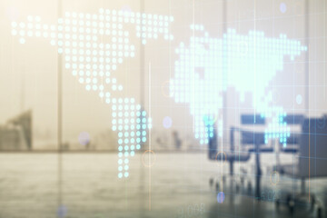 Abstract creative world map interface on a modern conference room background, international trading concept. Multiexposure