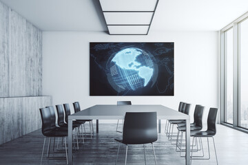 Graphic America map on tv display in a modern presentation room, global technology concept. 3D Rendering