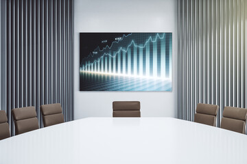 Abstract creative financial chart on presentation tv screen in a modern meeting room, research and strategy concept. 3D Rendering