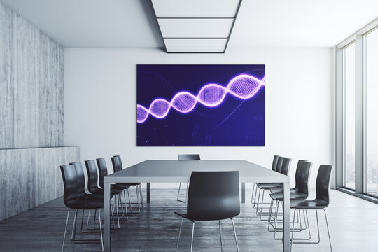 Creative DNA sketch on presentation monitor in a modern boardroom, biotechnology and genetic concept. 3D Rendering