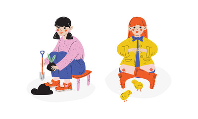 Little Girl with Shovel Planting and Playing with Yellow Chicks Enjoying Spring Season Vector Set