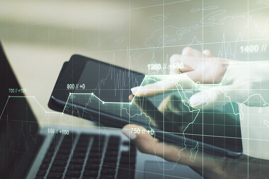 Abstract creative stats data concept with finger clicks on a digital tablet on background. Multiexposure