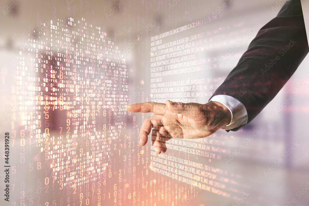 Poster man hand clicks on abstract virtual code skull hologram on blurred office background, cybercrime and