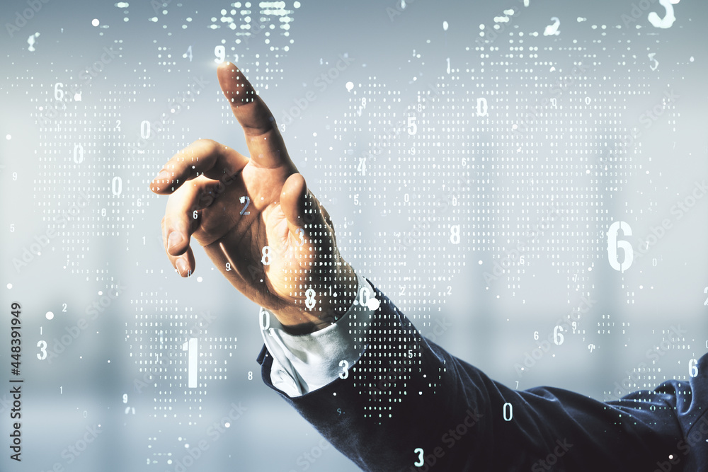 Poster multi exposure of developer's hand presses on abstract software development hologram and world map o